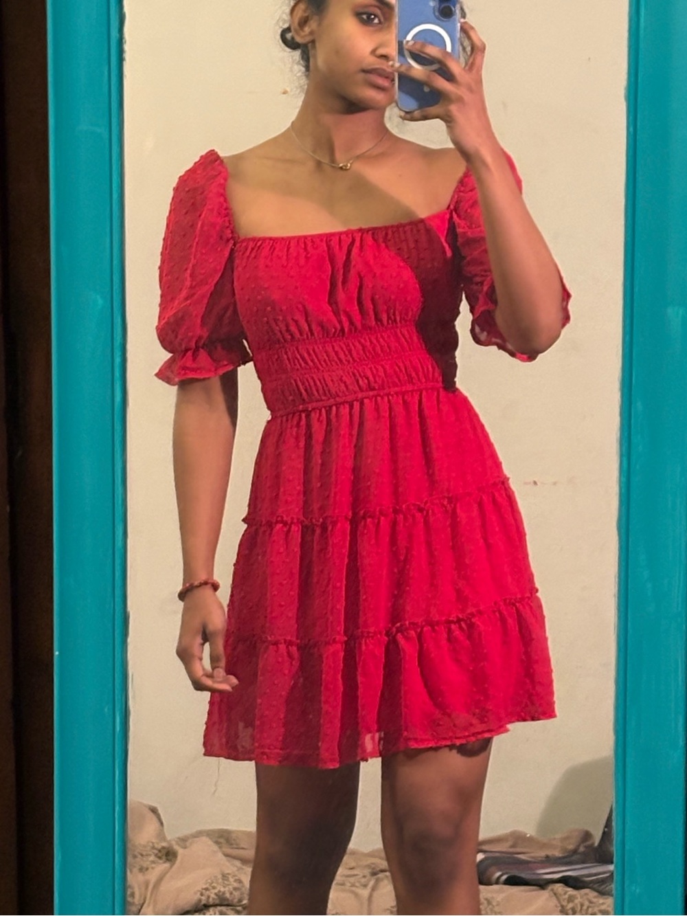 Trixxi Bright Red Smocked Puff-Sleeve Tiered Mini Dress